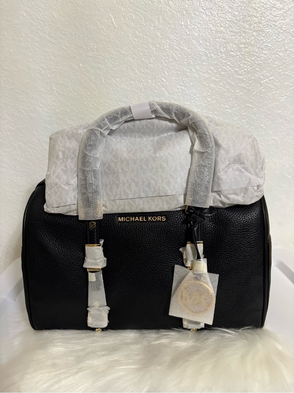 Michael Kors Black Pebbled Leather Satchel with Gold Hardware